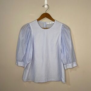 Samsoe Samsoe Light Blue Gingham Cotton Silk Puff Sleeve Back Button Top MEDIUM